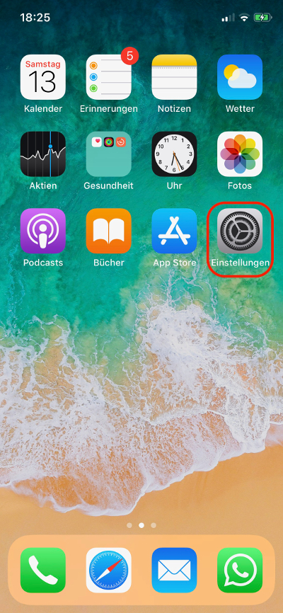 Homescreen mit Einstellungen hervorgehoben