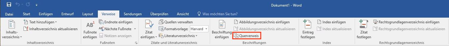 Menü Verweise bei Word unter Windows